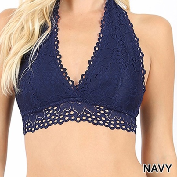 PLUS NAVY LACE HALTER STRETCH BRALETTE 1X 2X 3X - Picture 1 of 12